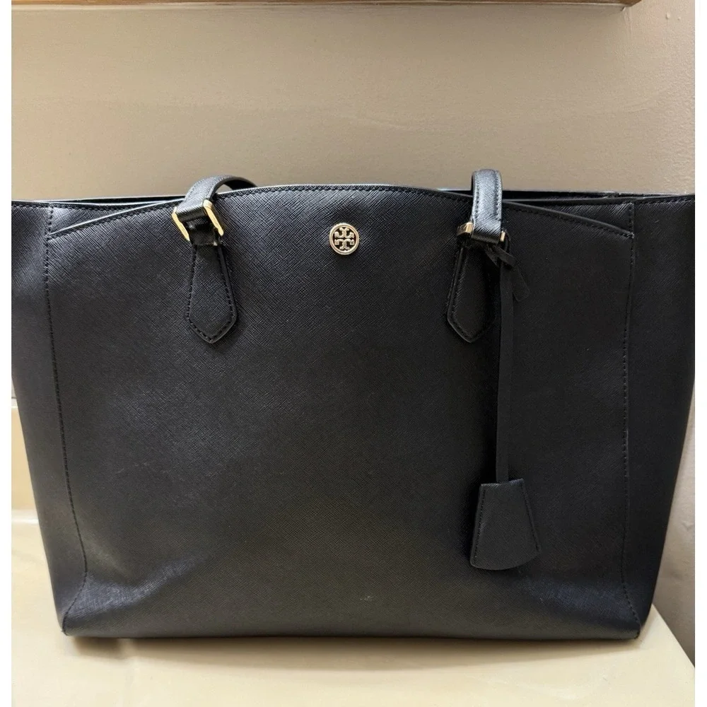 Tory Burch Robinson Black Saffiano Leather Tote Large Travel Business Purse Bag